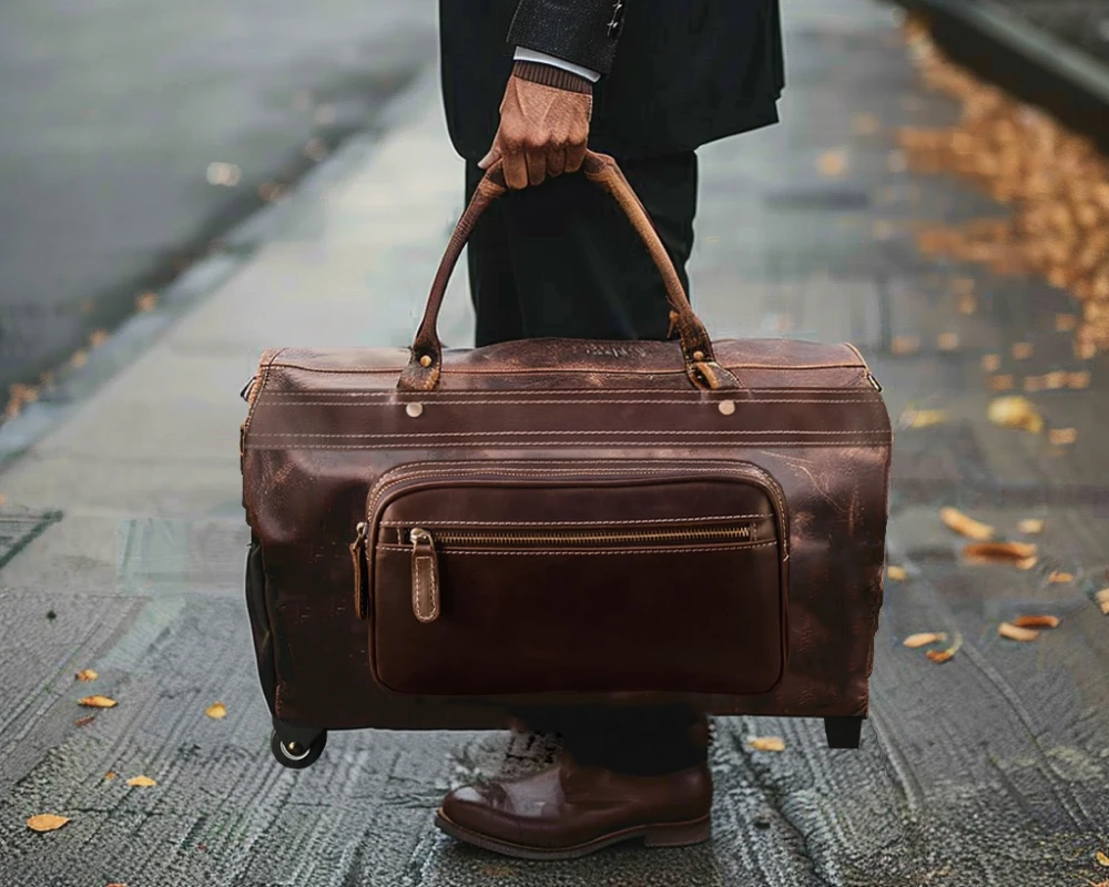 leather rolling carry on bag